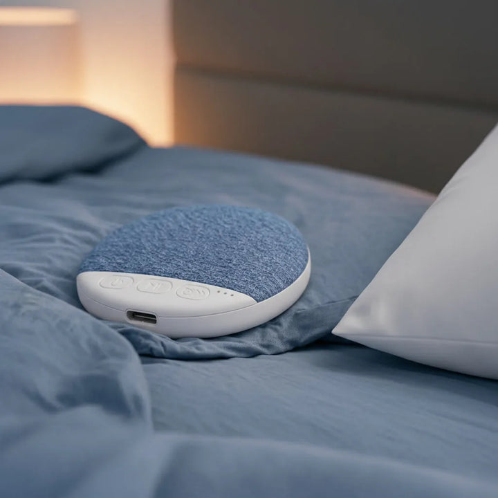 Sleepwisp pillow speaker in blue on linen bedding