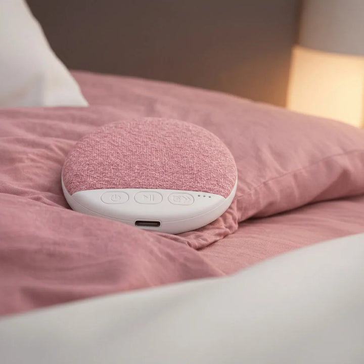 Sleepwisp pillow speaker in pink on rose linen bedding